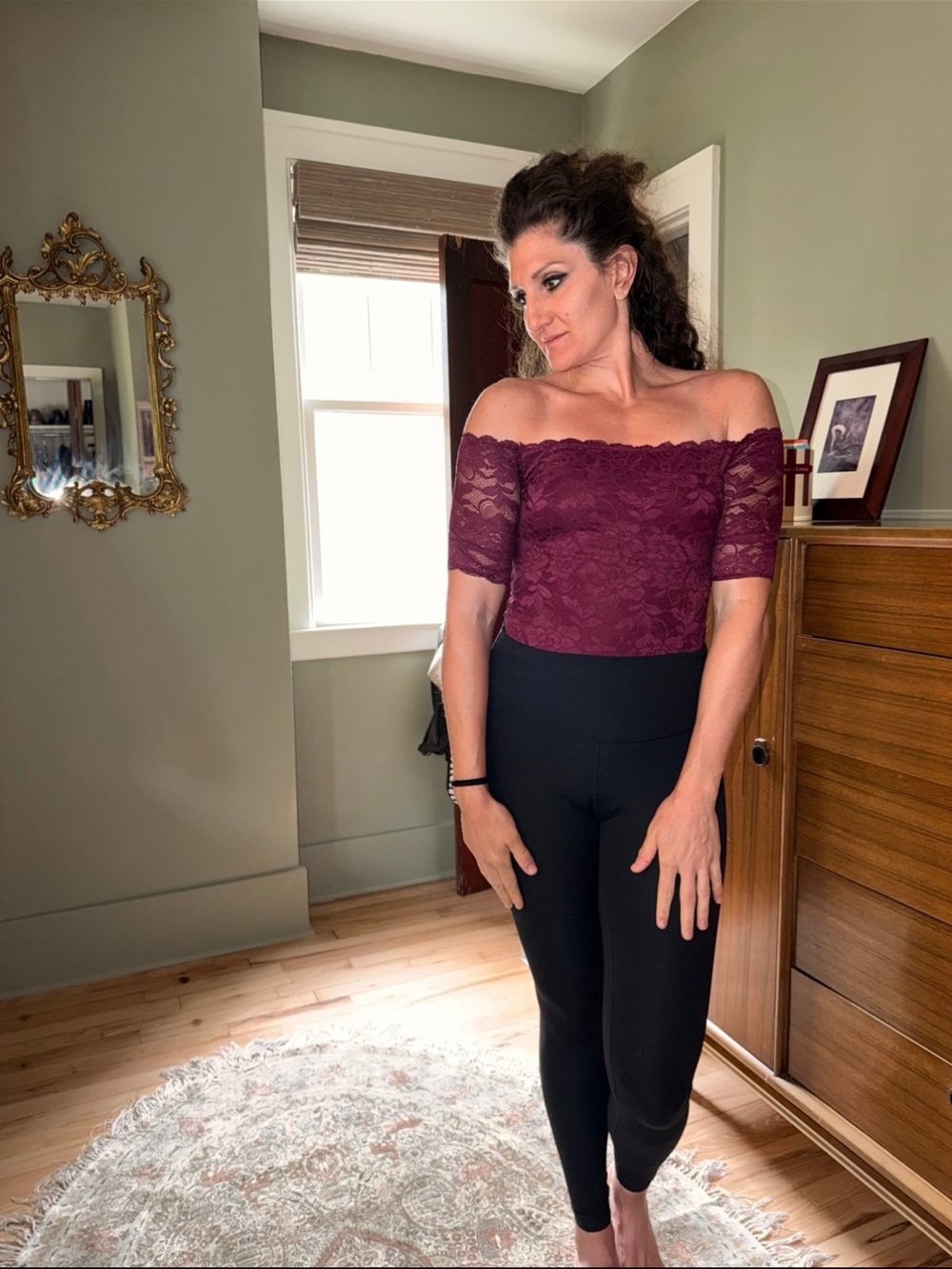 GUESS Off-Shoulder Lace Bodysuit in Burgundy